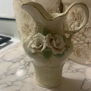 Cream Ceramic Bud Vase with Floral Appliqué and Gold Trim